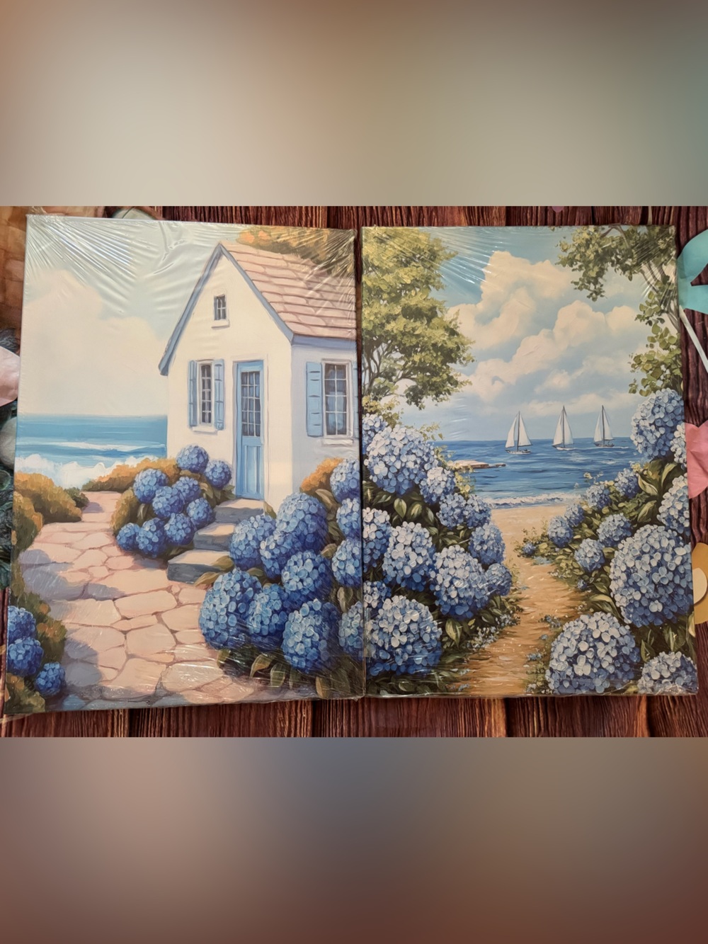 Coastal Hydrangea Canvas Set wall art - Blue Floral Seascape NWT
